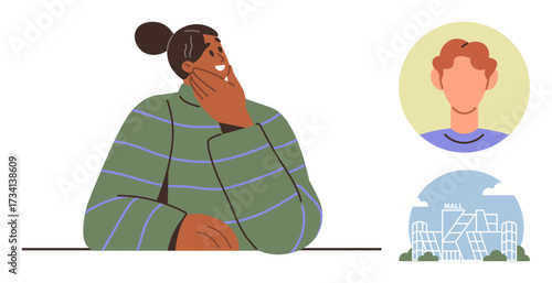 Individual pondering with hand on face, visuals of a person and shopping mall. Ideal for decision-making, planning, consumer behavior, introspection, shopping, human connection, lifestyle themes as