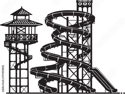 Black silhouette water park tower illustration with spiral slide amusement attraction vector design
