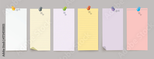 Vector set of vertical different note papers with pins and shadow on transparent background.