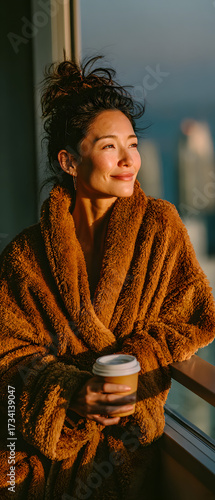 Elegant young Asian woman in a bathrobe enjoying morning coffee on a hotel balcony with a city skyline view. Relaxed lifestyle travel concept with natural light and copy space.