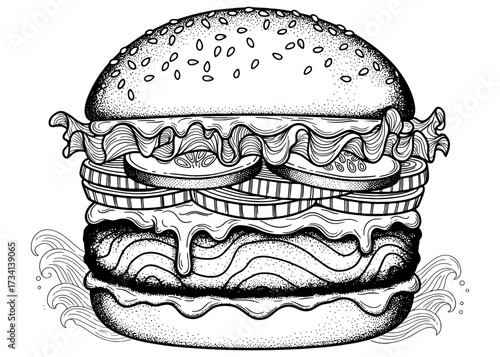 Fish burger with ocean waves. Detailed hand-drawn monochrome vector illustration of a seafood sandwich for a coastal restaurant menu or coloring book page for adults.

