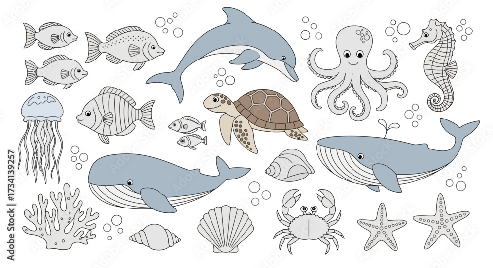 Fototapeta premium Illustration featuring various marine animals, including fish, whales, and other sea creatures.