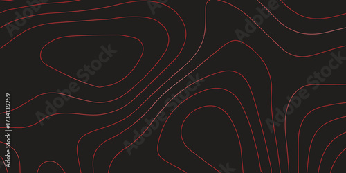 Panoramic ultra wide topographic map contour red lines black background terrain path mapping abstract cartography scheme vector artwork for landscapes
