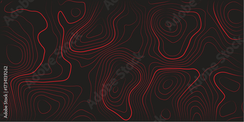 Panoramic ultra wide topographic map contour red lines black background terrain path mapping abstract cartography scheme vector artwork for landscapes
