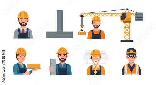 Illustration depicting construction workers, crane, and building materials, showcasing various stages of building.