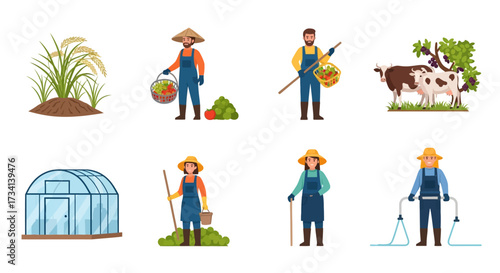 Collection of illustrations depicting agricultural activities: farmers harvesting crops, tending to animals, and working in a greenhouse.