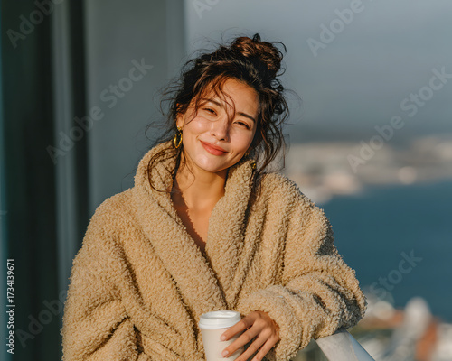 Elegant young Asian woman in a bathrobe enjoying morning coffee on a hotel balcony with a city skyline view. Relaxed lifestyle travel concept with natural light and copy space.