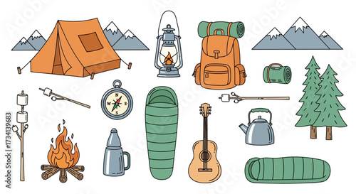 Collection of illustrated camping elements including a tent, backpack, campfire, and mountains, perfect for outdoor adventures.