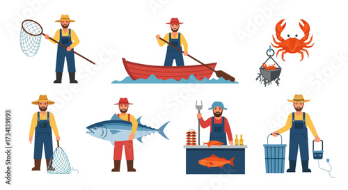 A collection of illustrations depicting various fishing activities and related elements.