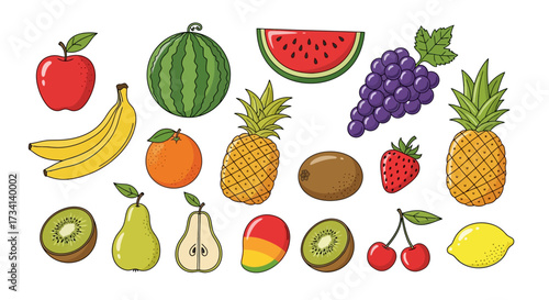 A colorful collection of various fruits, including apples, bananas, and watermelons, arranged against a white background.