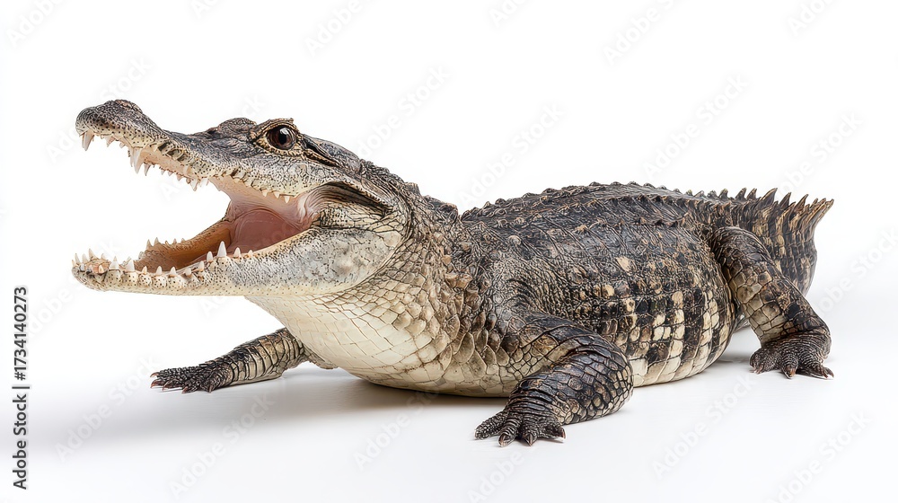 Naklejka premium Majestic Alligator with Gaping Jaw, Isolated on a Clean White Background