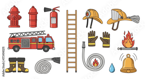 Firefighting equipment illustration: hydrant, extinguisher, ladder, truck, helmet, gloves, hose, boots, bell, and fire.