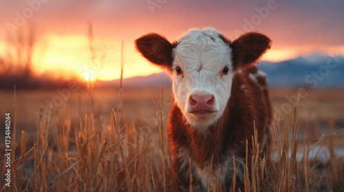 A delightful calf stands curiously in a golden, sunlit field, showcasing the gentle beauty of nature and the innocence of farm life during a stunning sunset.