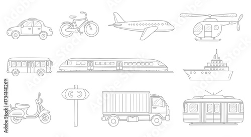 Outlined illustrations of various modes of transportation, including cars, planes, and trains.