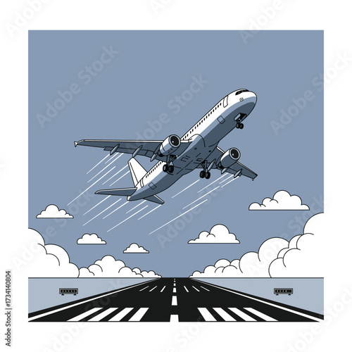 Airplane Taking Off: Modern Line Art Illustration, Blue Sky, Runway Perspective
