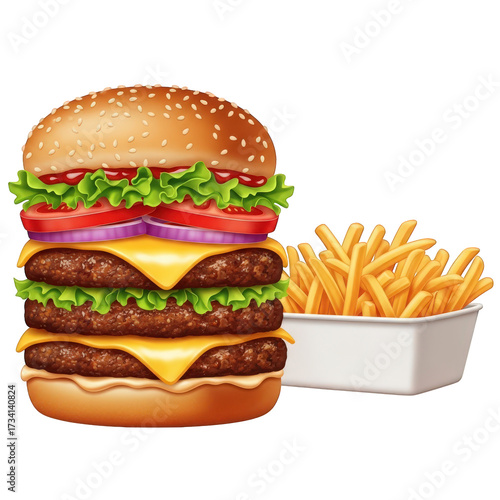 Double Stacked Burger with Fries Isolated on Transparent Background, Tasty Gourmet Cheeseburger with Sesame Bun, Meat Patty and Fresh Vegetables