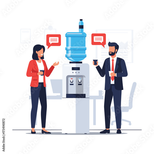 Business colleagues conversing near office water cooler, modern flat design, friendly atmosphere.
