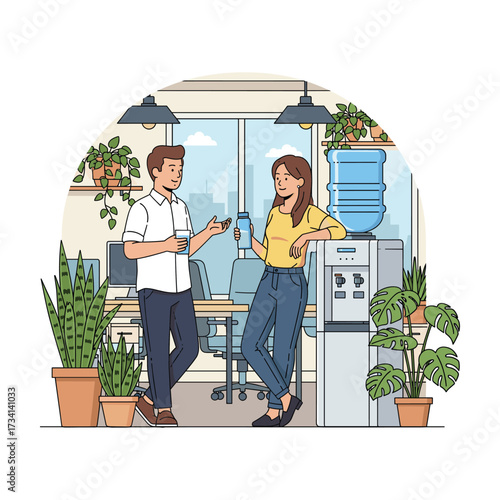 Happy colleagues chatting by water cooler in modern, plant-filled office.