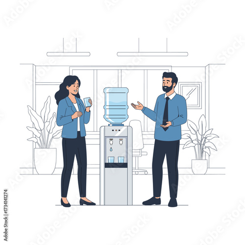 Modern Office Colleagues Casual Conversation Water Cooler Break Minimalist Line Art Illustration