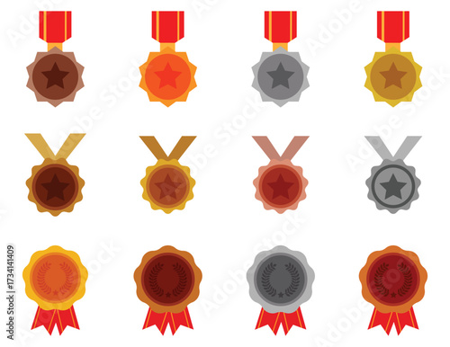 Gold, Silver, and Bronze Medal Set with Red Ribbons – Vector Sports Award Badges for Winners and Competitions