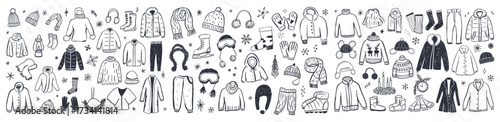 A Stylish Collection of Winter Apparel Illustrations Featuring Coats, Hats, Scarves, and Footwear Perfect for Staying Warm in the Cold Season