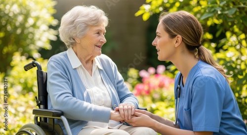 Elderly woman in wheelchair shares tender moment with young healthcare worker in sunny garden. The caregiver holds patient's hands during warm conversation surrounded by greenery and flowers.