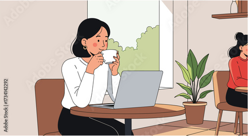 Coffee Break and Digital Work: A modern professional enjoys a peaceful moment, sipping coffee while working on a laptop in a bright cafe, capturing a blend of relaxation and productivity.