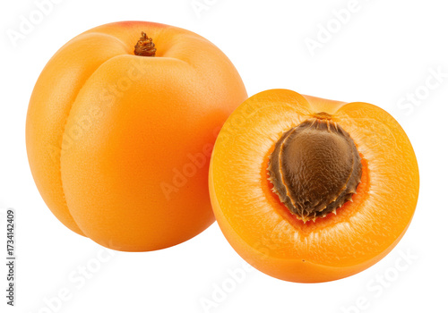 Fresh apricot isolated on transparent background, whole and halved fruit with pit, healthy eating concept, summer harvest, PNG