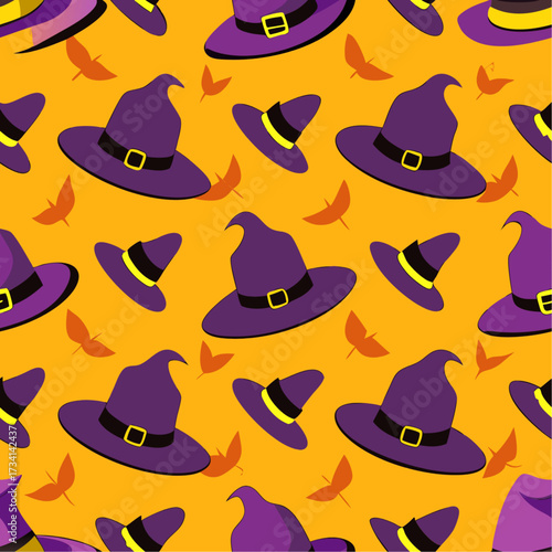 Seamless pattern with a Halloween theme. Purple witch hats on an orange background.