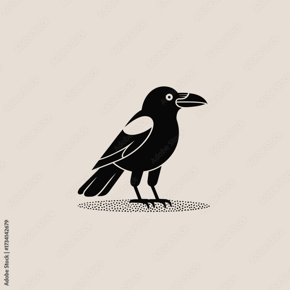 Obraz premium Minimalist Black and White Crow Illustration on Beige Background