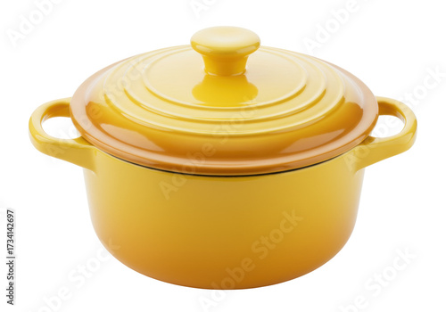 Quadro su tela Yellow enameled cast iron cocotte with lid isolated, small cooking pot for soup
