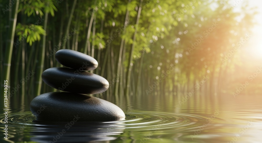 Obraz premium Three smooth dark stones balanced in zen stack emerge from tranquil water with gentle ripples. Bamboo forest backdrop and warm golden sunlight create serene atmosphere for meditation and wellness.