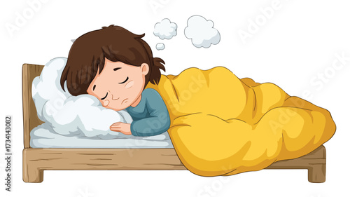 Child Sleeping in Bed with Sad Face Vector Illustration