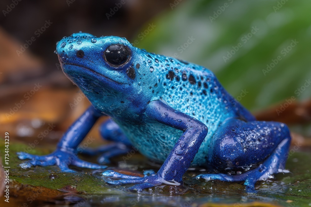 Fototapeta premium Close-Up of a Vibrant Blue Poison Dart Frog in Its Exotic Amazon Rainforest Habitat