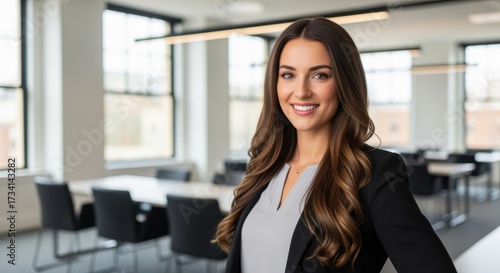 Confident professional woman with long brunette hair smiling in modern office. She wears black blazer over white top, radiating success and approachability. Perfect for business. Free Download Confident professional woman with long brunette hair smiling in modern office. She wears black blazer over white top, radiating success and approachability. Perfect for business. - GFXLoad