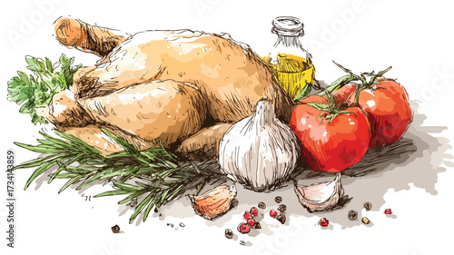 Illustration of Chicken with Fresh Vegetables, Farm to Table Concept