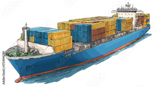 Professional Drawing of Container Ship with Large Containers for Transportation