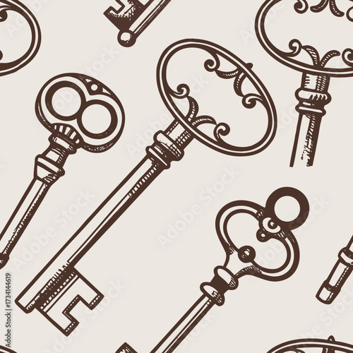 Vintage decorative keys in detailed linear style on beige background  