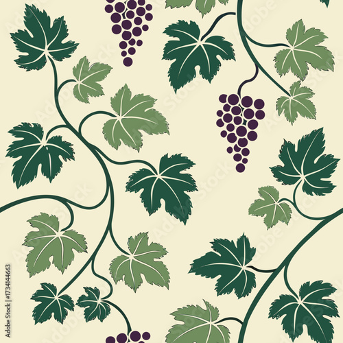 Decorative grapevine pattern with green leaves and purple grapes  