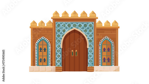 Moroccan door set including ornate, carved, tiled, woo.