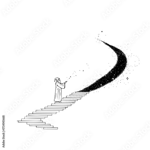 A wizard casts a spell creating a dark, swirling path from the top of a long set of stairs in black and white