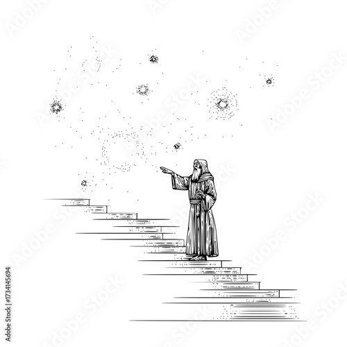 A wizard standing on stairs pointing to stars and casting spells in a black and white illustration