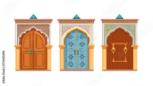 Moroccan door set including ornate, carved, tiled, woo.