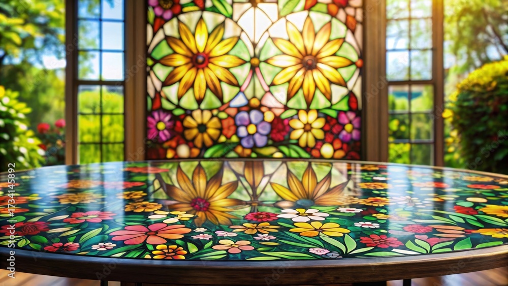 Fototapeta premium A vibrant floral table, reflecting a stunning stained-glass window, sits in a sunlit garden room, creating a serene and colorful atmosphere.