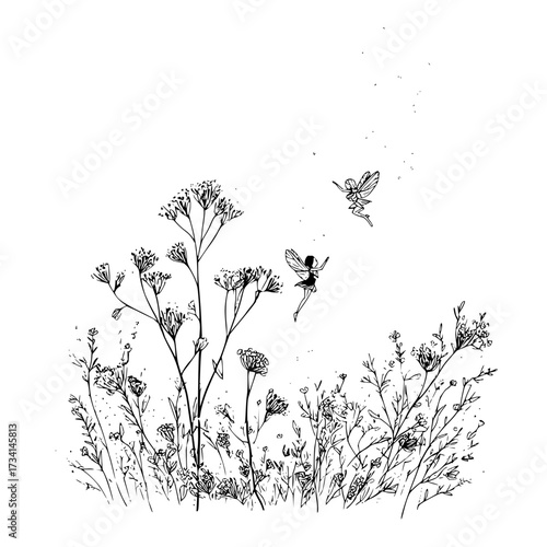 Illustration of wildflowers with delicate stems and two small winged fairies in a whimsical garden scene