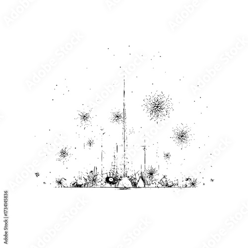 Abstract black and white drawing featuring spiky shapes and vertical lines on a white background art