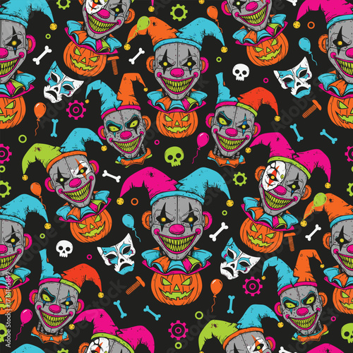 Seamless Halloween pattern with robotic clowns pumpkins gears and circus masks vector