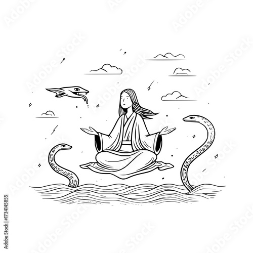Woman meditating above water with snakes and clouds in a black and white illustration style image