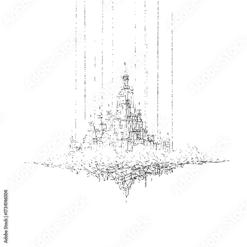 A sketch of a tall city with towers and spires resting on a jagged base with vertical lines above it