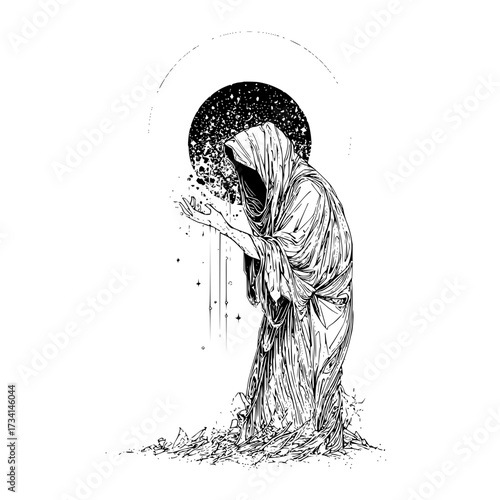 Figure in hooded robe with hands outstretched against a starry dark circle and white background space